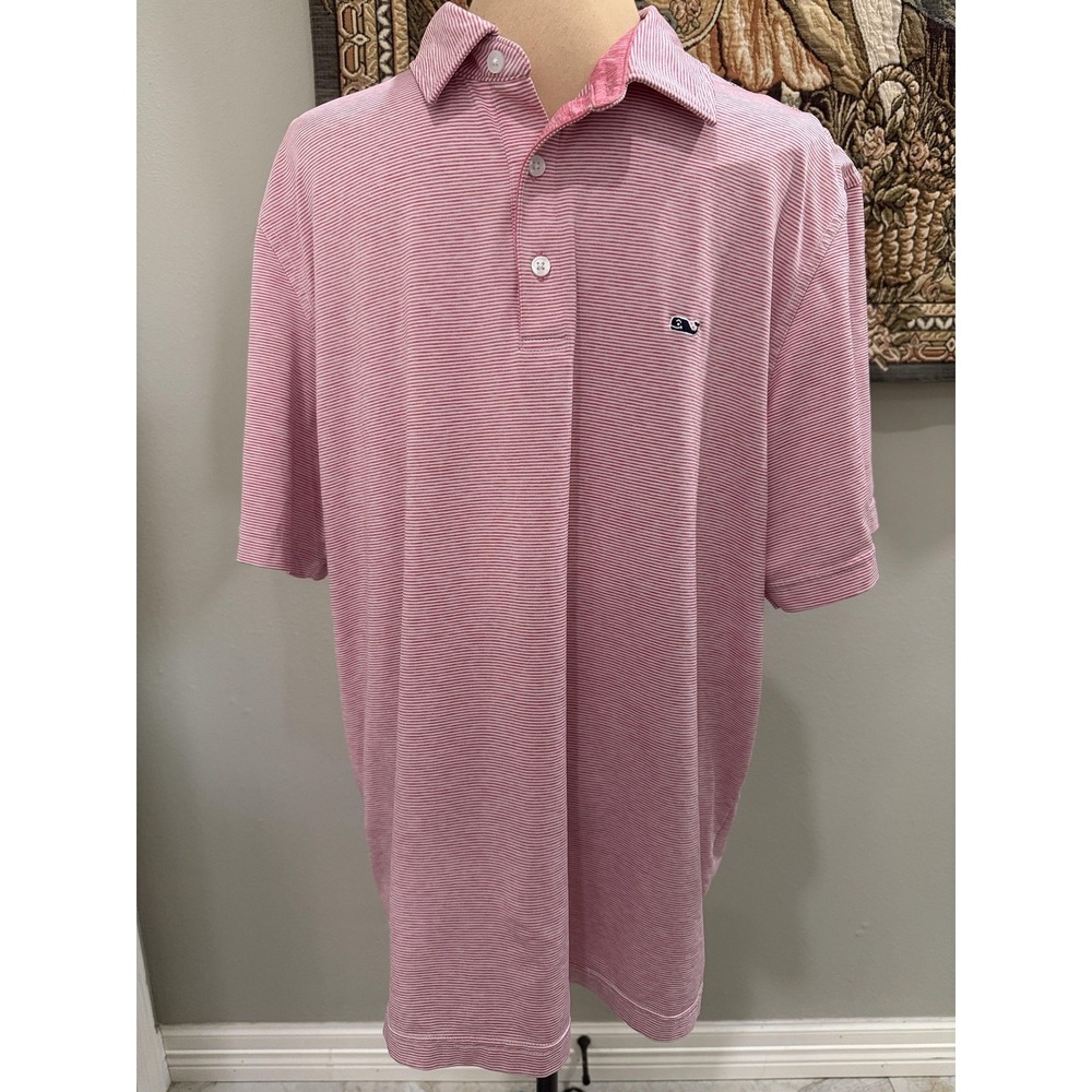 Vineyard Vines Polo Shirt Mens L Pink Striped Performance Stretch Golfโ Nautical
